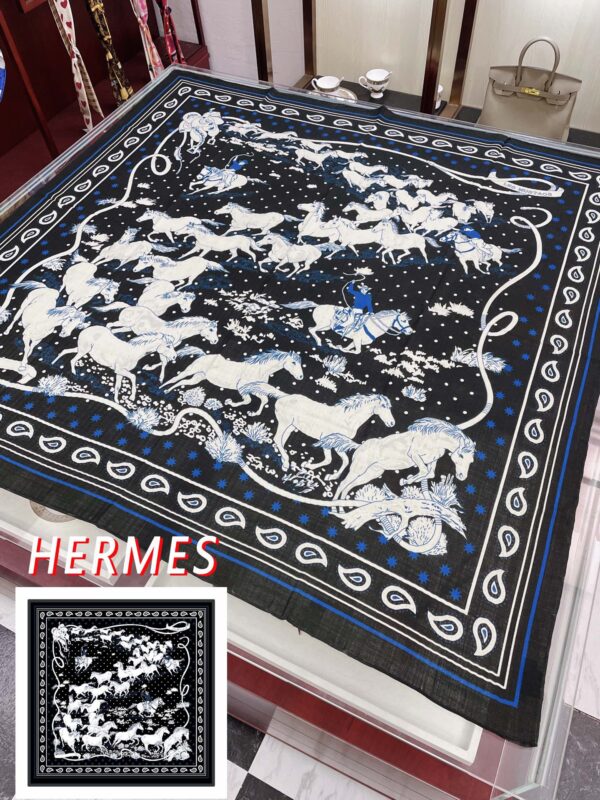 Hermes Horse Printed Patterns Square in Black Scarf 140cm/55in 