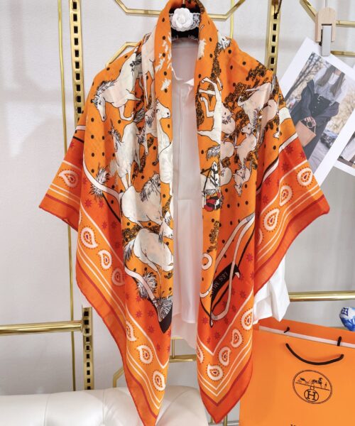 Hermes Horse Printed Patterns Square in Orange Scarf 140cm/55in 