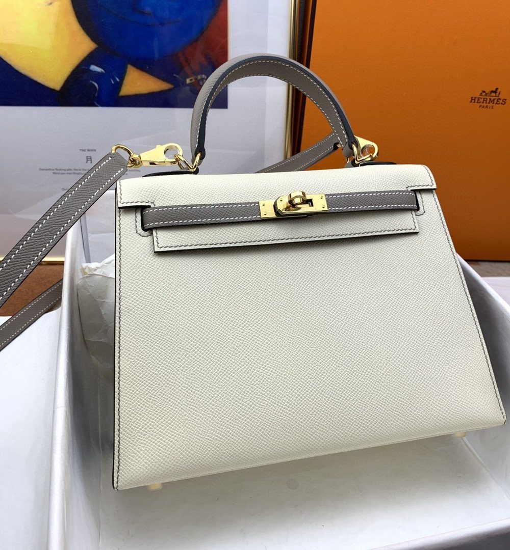1:1 Replica Hermes Kelly 25 Sellier Epsom Craie/Grey Bag For Women, Women's Handbags, Shoulder Bags 10in/25cm