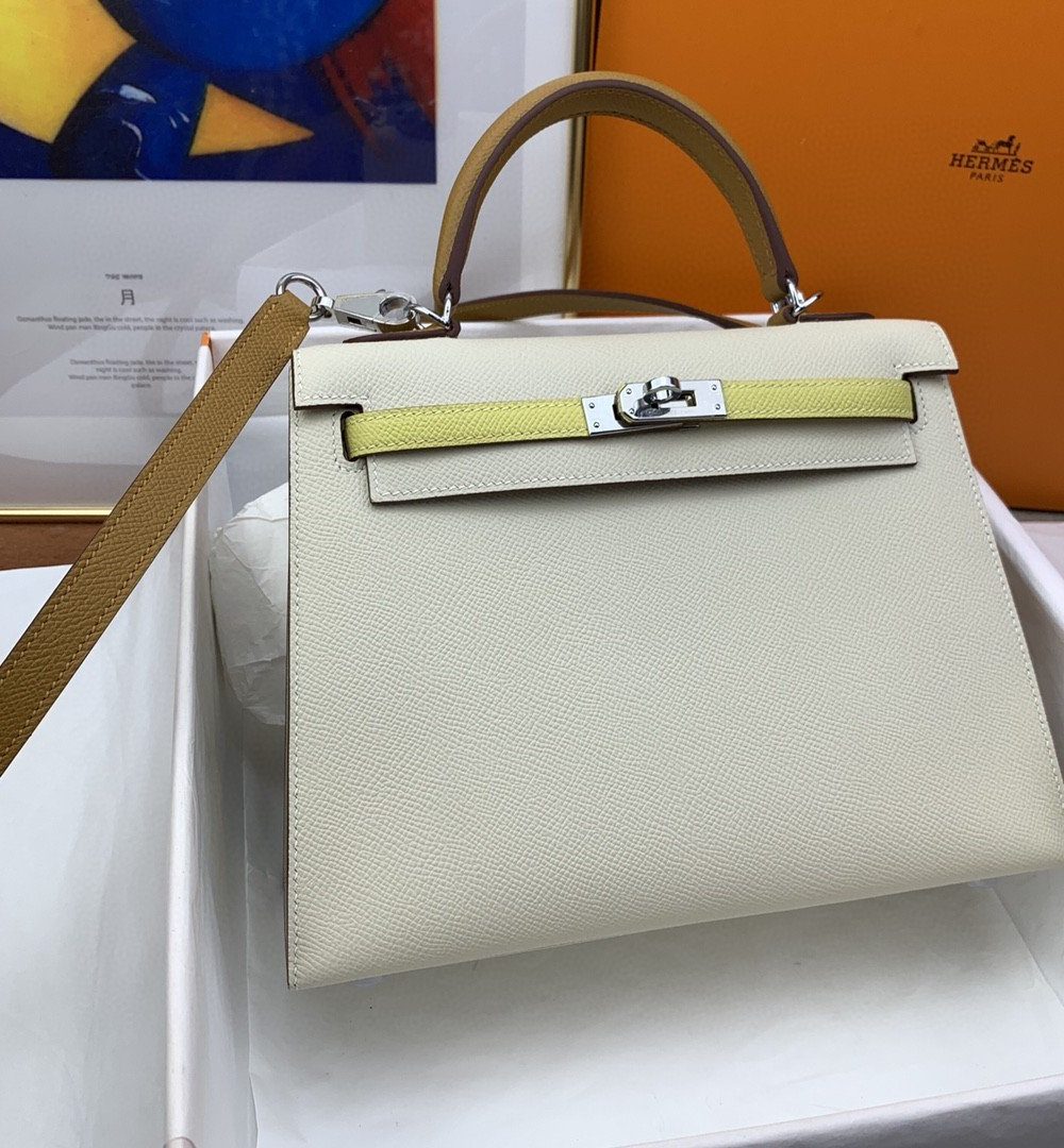 1:1 Replica Hermes Kelly 25 Sellier Epsom Craie/Yellow Bag For Women, Women's Handbags, Shoulder Bags 10in/25cm