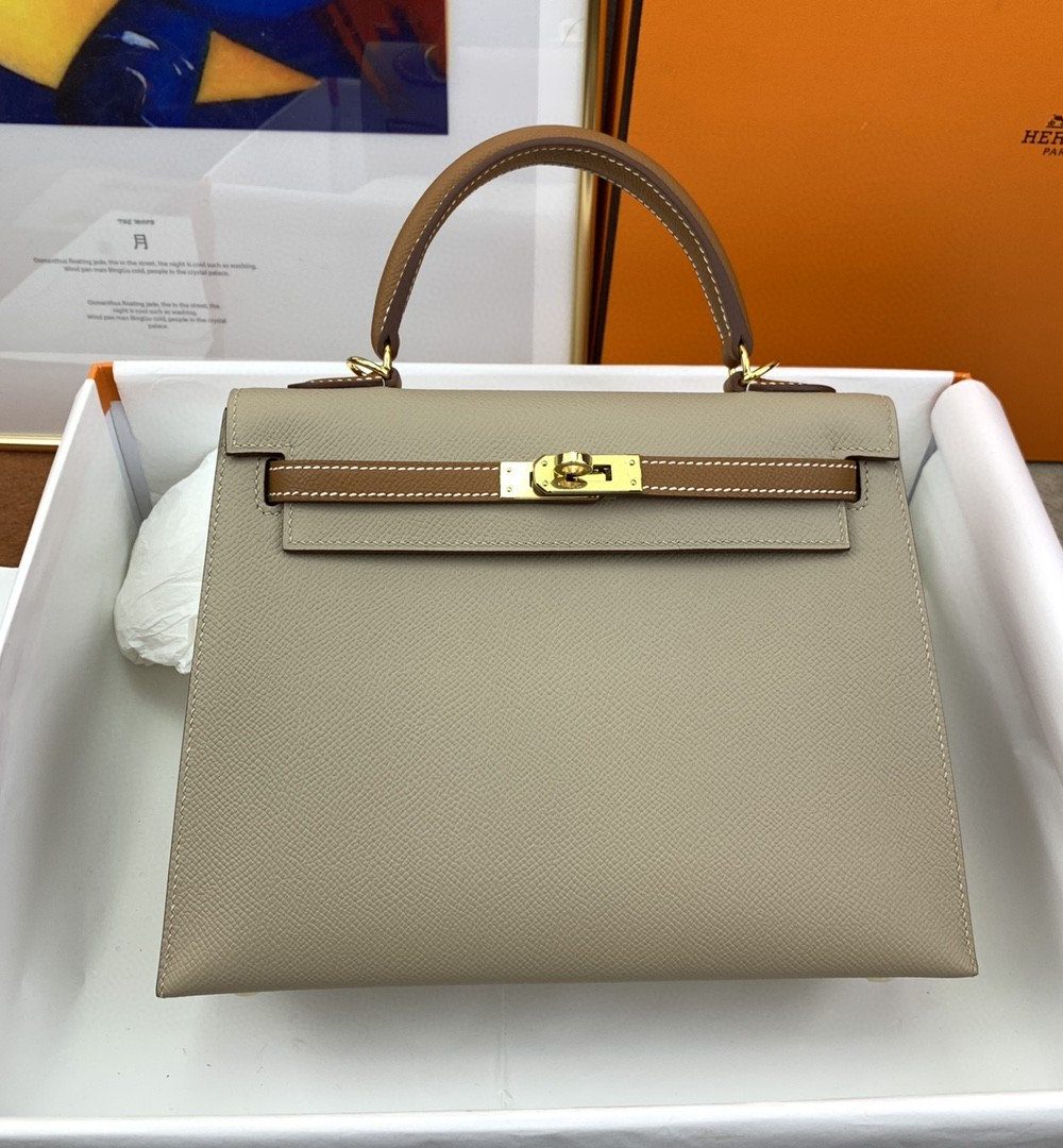 1:1 Replica Hermes Kelly 25 Sellier Epsom Greige/Brown Bag For Women, Women's Handbags, Shoulder Bags 10in/25cm