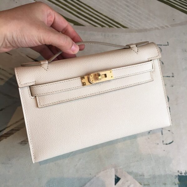 1:1 Replica Hermes Kelly Pochettee White For Women Gold Toned Hardware 8.5in/22cm