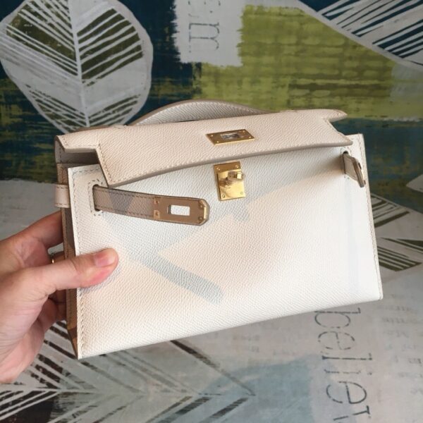 1:1 Replica Hermes Kelly Pochettee White For Women Gold Toned Hardware 8.5in/22cm
