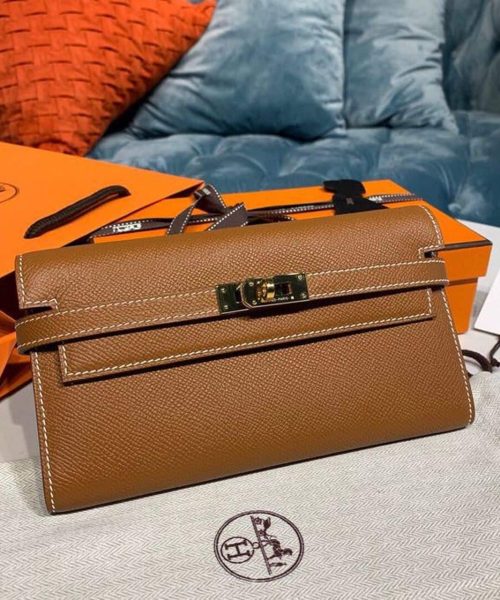 1:1 Replica Hermes Kelly Wallet To Go Woc Brown With Gold Toned Hardware Bag For Women 8.2in/21cm