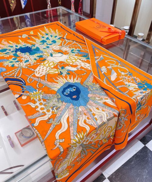 Hermes Le Sacre des Saisons Potiron/Bleu Gris/Jaune Soleil Scarf 140cm/55in H003903S 21 