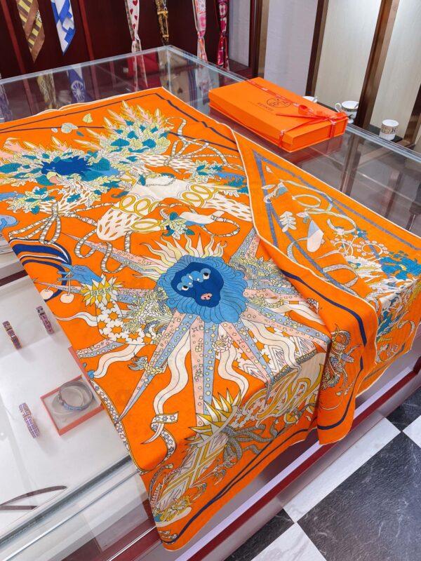 Hermes Le Sacre des Saisons Potiron/Bleu Gris/Jaune Soleil Scarf 140cm/55in H003903S 21 