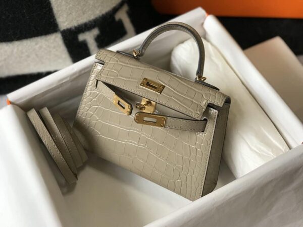 1:1 Replica Hermes Mini Kelly 19 Embossed Patent Light Grey Bag With Gold-Toned Harware For Women, Women's Handbags, Shoulder Bags 7.5in/19cm
