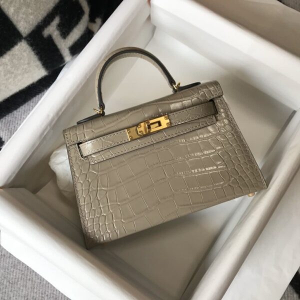 1:1 Replica Hermes Mini Kelly 19 Embossed Patent Light Grey Bag With Gold-Toned Harware For Women, Women's Handbags, Shoulder Bags 7.5in/19cm