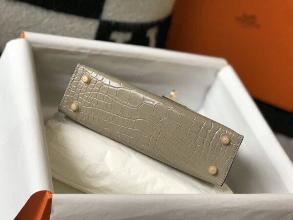 1:1 Replica Hermes Mini Kelly 19 Embossed Patent Light Grey Bag With Gold-Toned Harware For Women, Women's Handbags, Shoulder Bags 7.5in/19cm