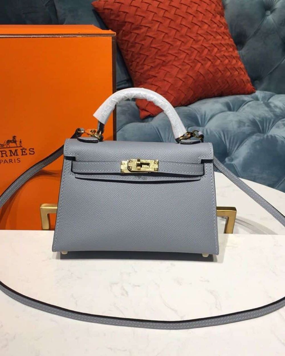 1:1 Replica Hermes Mini Kelly Light Blue For Women Gold Toned Hardware 7.5in/19cm