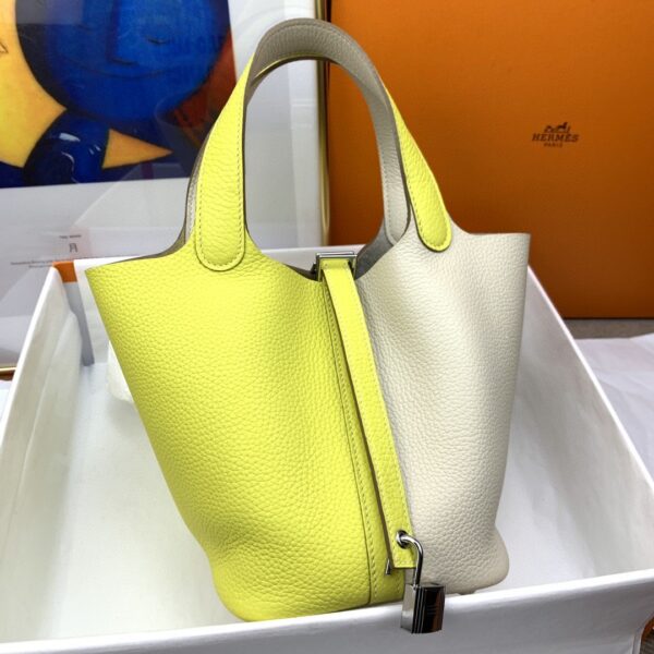1:1 Replica Hermes Picotin Lock 18 Bag White/Yellow With Silver-Toned Hardware For Women, Women's Handbags 7.1in/18cm