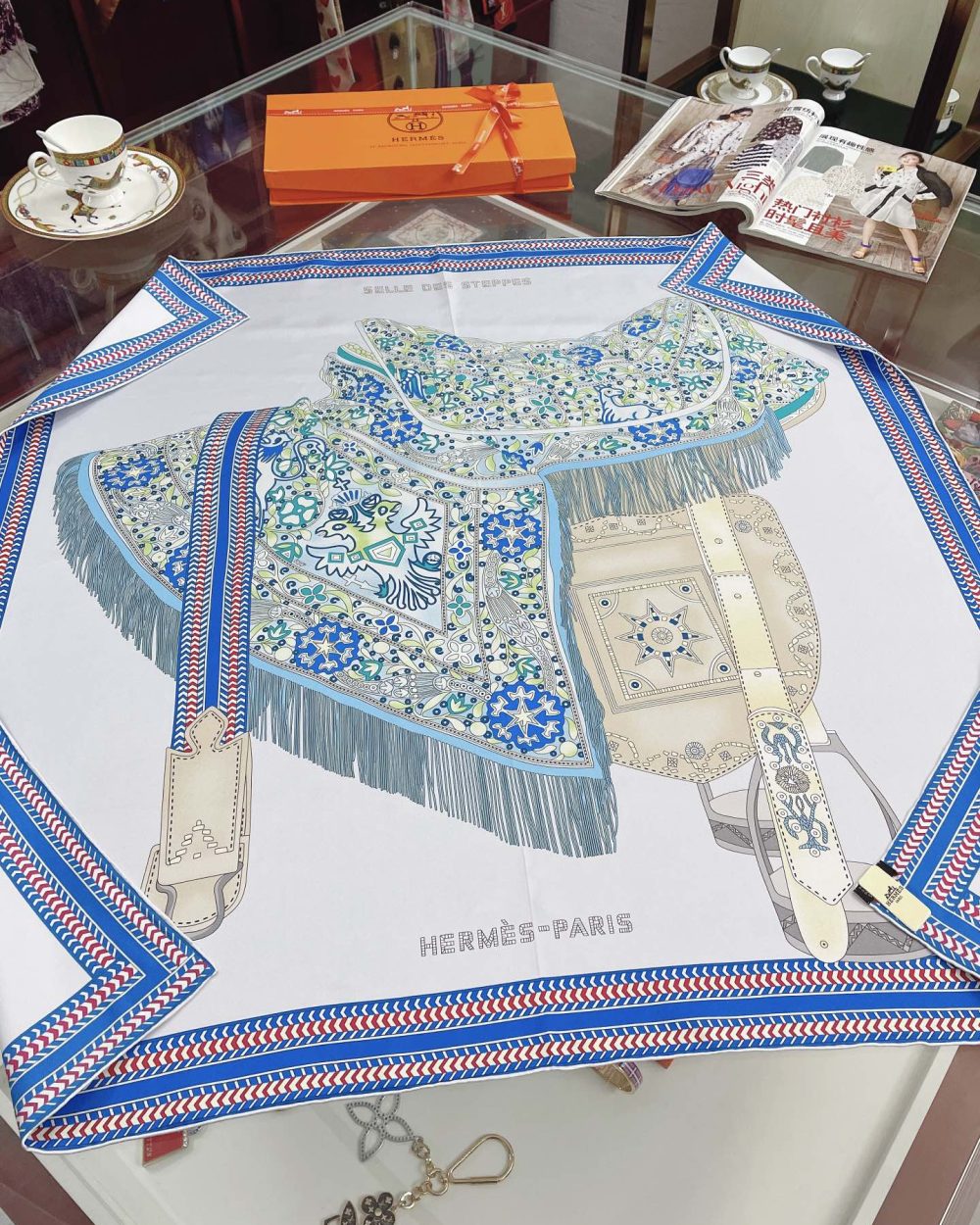 Hermes Selle des Steppes Blue Square Scarf 90cm/35in 