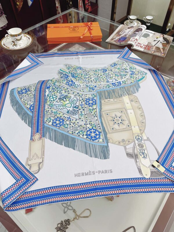 Hermes Selle des Steppes Blue Square Scarf 90cm/35in 