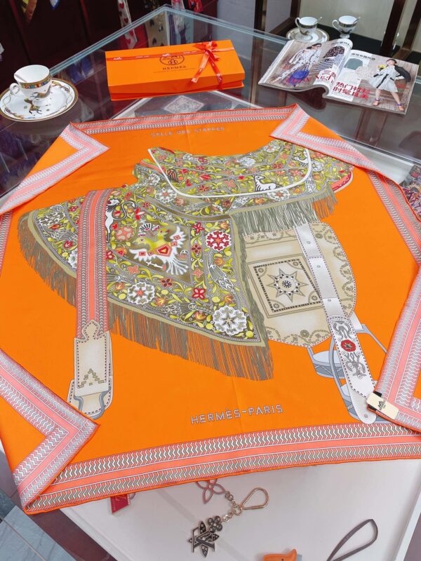 Hermes Selle des Steppes Orange Square Scarf 90cm/35in 