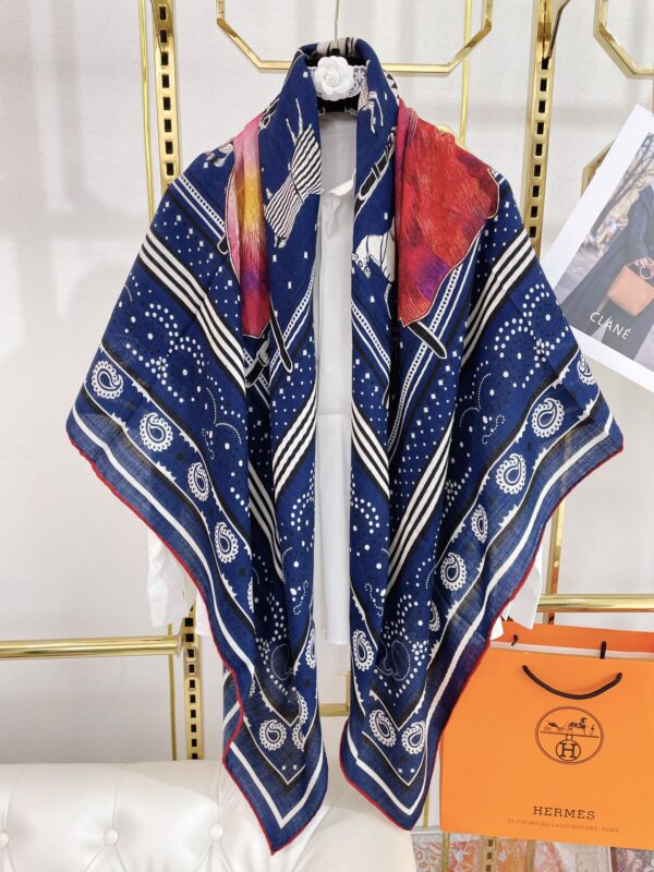 Hermes Silk Square Multiciolor Flower in Blue Scarf 140cm/55in 