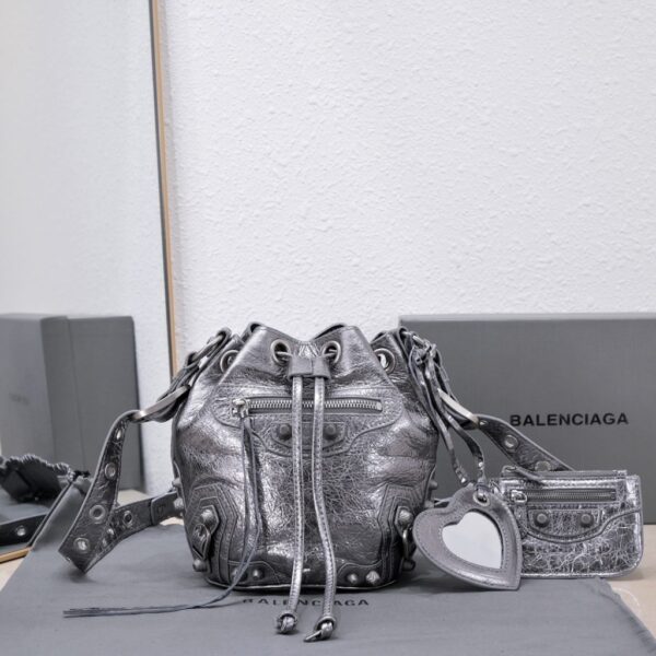 Le Cagole Xs Bucket Bag Metallized With Rhinestones In Gold Tone/Sliver Tone/Grey For Women 7.8in/20 cm