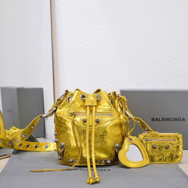 Le Cagole Xs Bucket Bag Metallized With Rhinestones In Gold Tone/Sliver Tone/Grey For Women 7.8in/20 cm