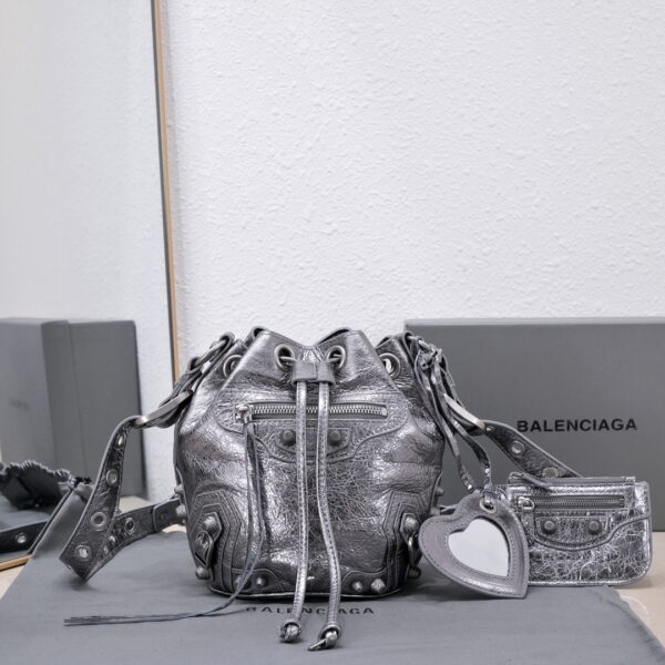 Le Cagole Xs Bucket Bag Metallized With Rhinestones In Gold Tone/Sliver Tone/Grey For Women 7.8in/20 cm
