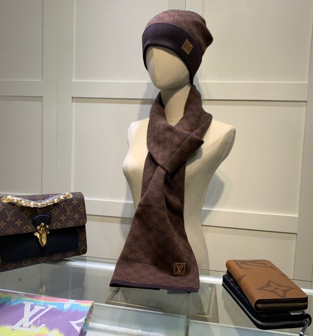 Louis Vuitton Beanie & Scarf Set In Brown