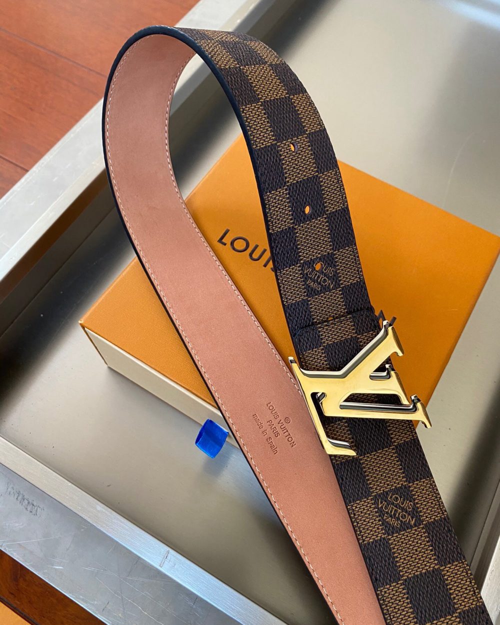 1:1 Replica Louis Vuitton Initiales Reversible LV Belt with Damier Ebene Canvas Gold Toned Hardware LV Women Belt