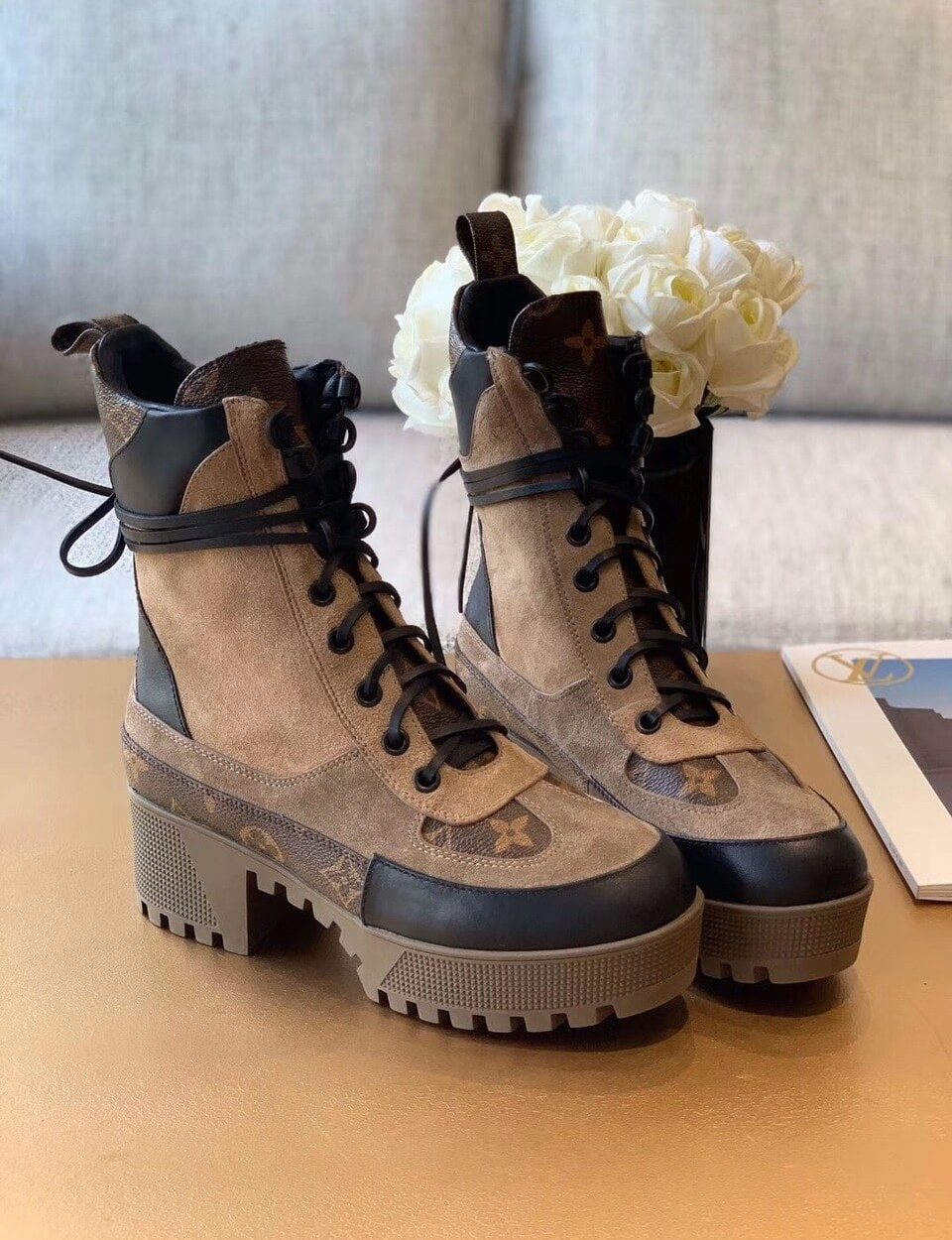 Louis Vuitton Laureate Desert Boot Patent Monogram Material Brown For Women LV 1A4XYE