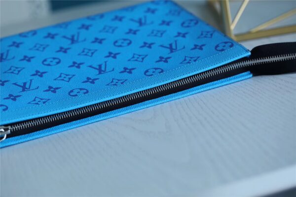 1:1 Replica Louis Vuitton Pochette Voyage MM Taiga and Monogram Eclipse Canvas Blue For Women, Women's Wallets 10.6in/27cm LV