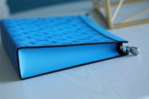 1:1 Replica Louis Vuitton Pochette Voyage MM Taiga and Monogram Eclipse Canvas Blue For Women, Women's Wallets 10.6in/27cm LV