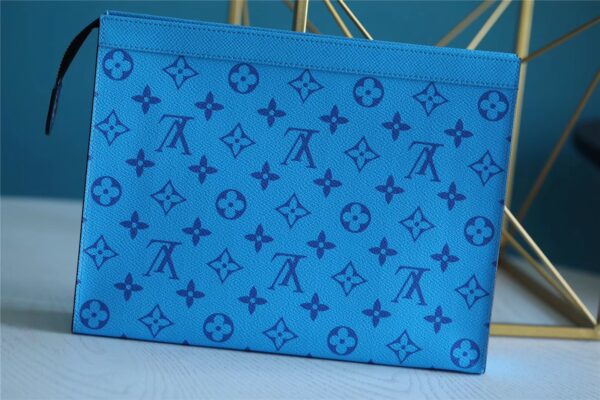 1:1 Replica Louis Vuitton Pochette Voyage MM Taiga and Monogram Eclipse Canvas Blue For Women, Women's Wallets 10.6in/27cm LV
