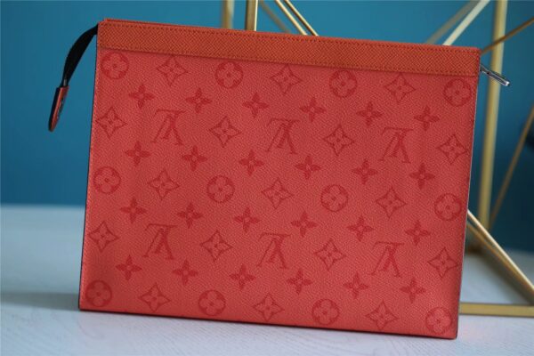 1:1 Replica Louis Vuitton Pochette Voyage MM Taiga and Monogram Eclipse Canvas Red For Women, Women's Wallets 10.6in/27cm LV