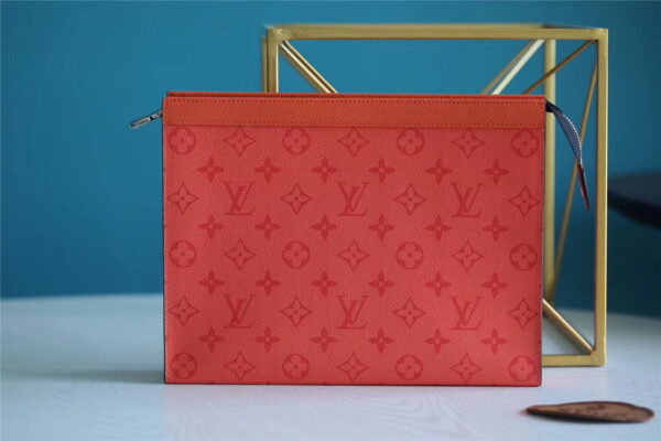 1:1 Replica Louis Vuitton Pochette Voyage MM Taiga and Monogram Eclipse Canvas Red For Women, Women's Wallets 10.6in/27cm LV