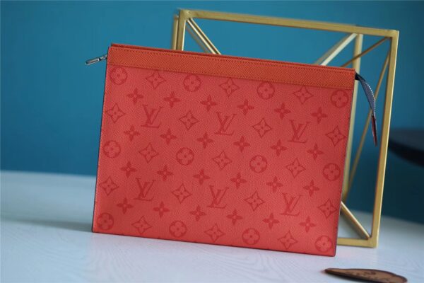 1:1 Replica Louis Vuitton Pochette Voyage MM Taiga and Monogram Eclipse Canvas Red For Women, Women's Wallets 10.6in/27cm LV
