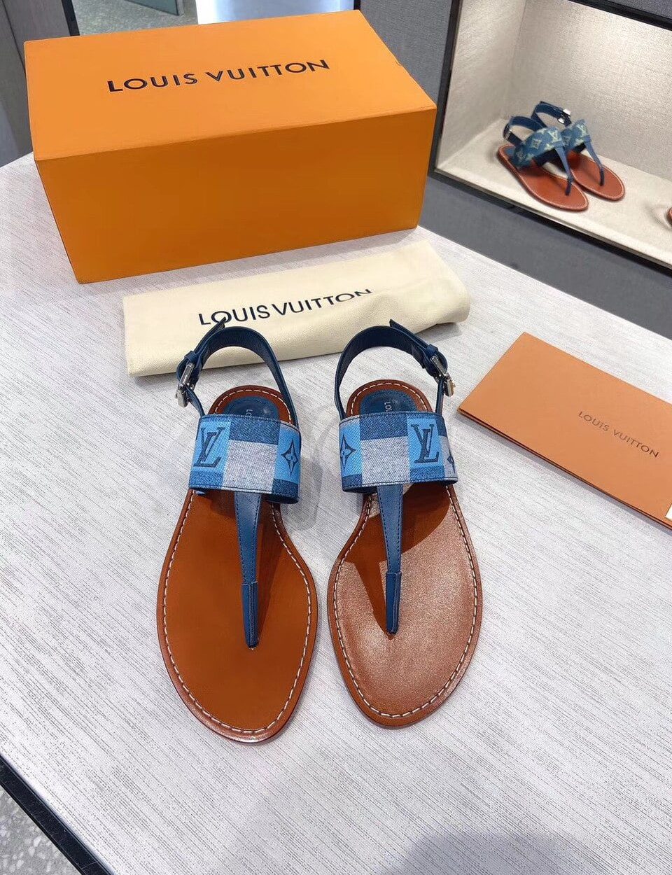 Louis Vuitton Starboard Flat Thong Sandal Monogram Denim Blue For Women LV