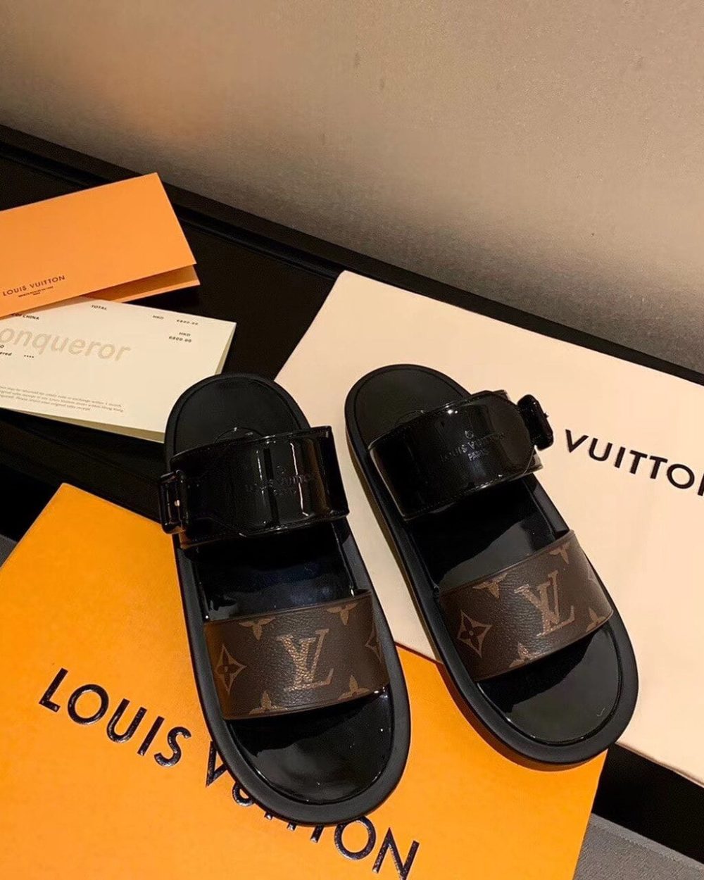 Louis Vuitton Sunbath Flat Mule Shiny Rubber Black For Women LV