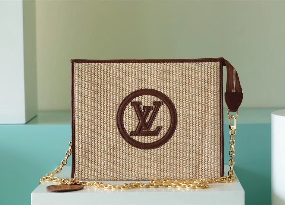 1:1 Replica Louis Vuitton Toiletry Pouch on Chain Raffia Natural /Ceramel Brown For Women, Women's Wallets 9.8in/25cm LV