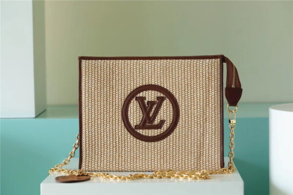 1:1 Replica Louis Vuitton Toiletry Pouch on Chain Raffia Natural /Ceramel Brown  For Women, Women's Wallets 9.8in/25cm LV