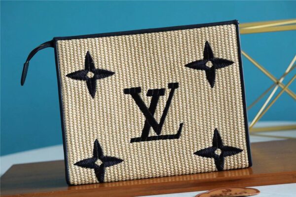1:1 Replica Louis Vuitton Toiletry Pouch Raffia Natural /Black For Women, Women's Wallets 9.8in/25cm LV