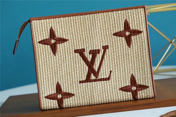 1:1 Replica Louis Vuitton Toiletry Pouch Raffia Natural /Caramel Brown For Women, Women's Wallets 9.8in/25cm LV