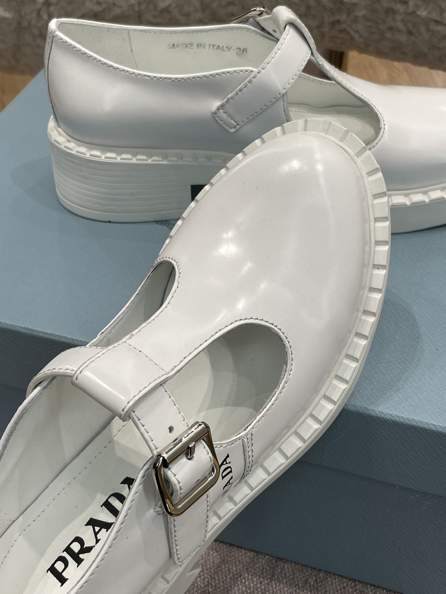 Prada Brushed Mary Jane T-strap Shoes White For Women 2in/50mm PRD ...