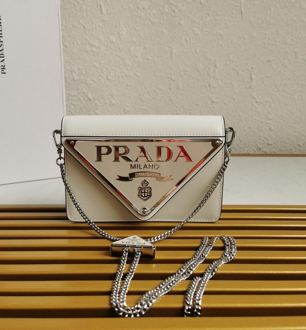 Prada Brushed Shoulder Bag White For Women, Women's Bags 6.7in/17cm