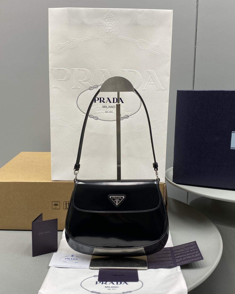 Prada Cleo Brushed Shoulder Bag With Flap Black For Women, Women's Bags 8.6in/22cm 1BD311_ZO6_F0002_V_OOO