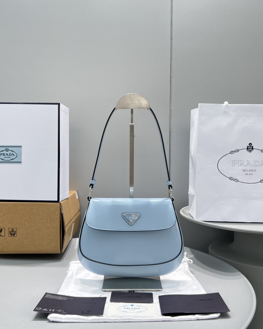 Prada Cleo Brushed Shoulder Bag With Flap Light Blue For Women, Women's Bags 8.6in/22cm 1BD311_ZO6_F02TG_V_OOO