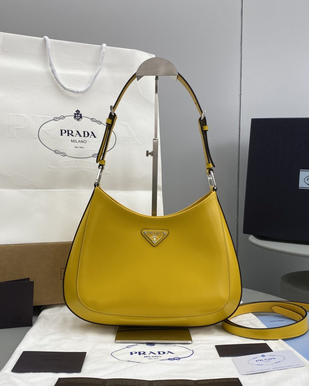 Prada Cleo Brushed Shoulder Bag Yellow For Women, Women's Bags 11.8in/30cm