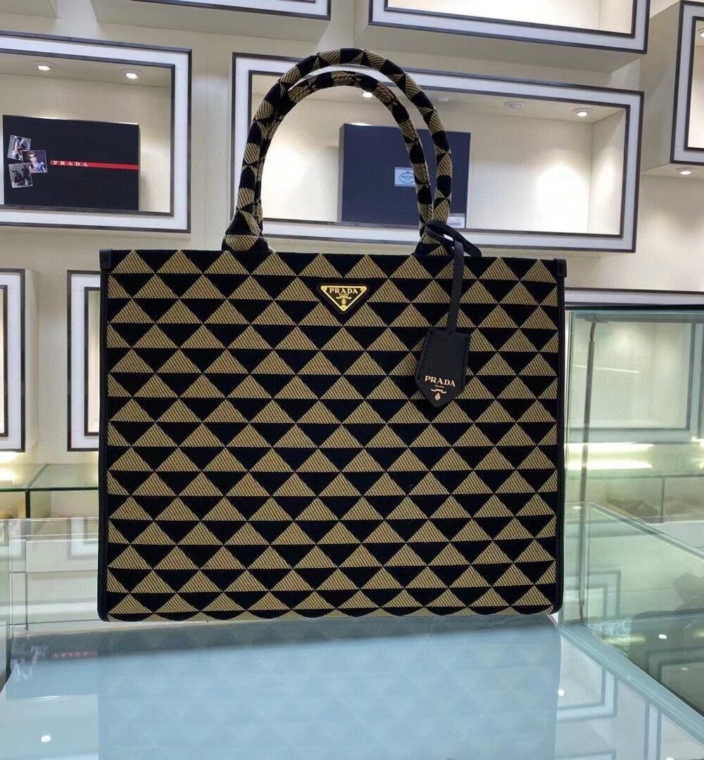 Prada Large Symbole Jacquard Fabric Handbag Black/Beige For Women, Women's Bags 15.3in/39cm 1BA356_2FKL_F0Y30_V_OOO