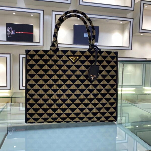 Prada Large Symbole Jacquard Fabric Handbag Black/Beige For Women, Women's Bags 15.3in/39cm 1BA356_2FKL_F0Y30_V_OOO