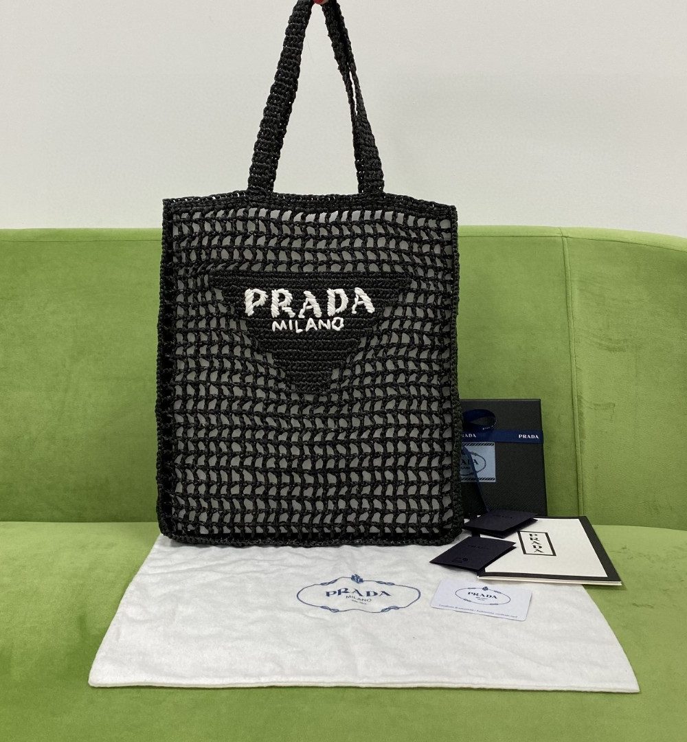 Prada Raffia Tote Bag Black For Women, Women's Bags 14.9in/38cm 1BG393_2A2T_F0002_V_OOO