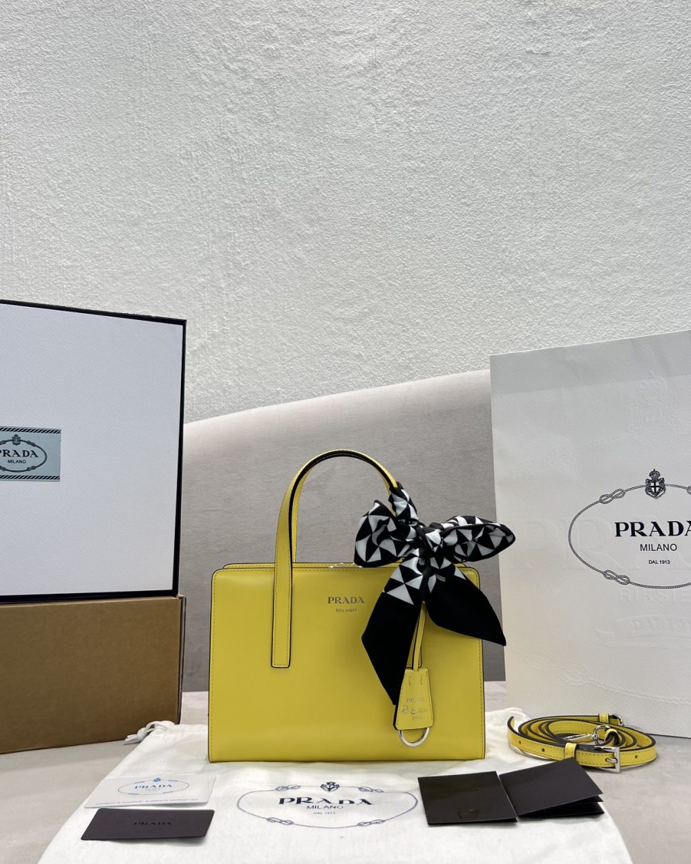 Prada Re-Edition 1995 Brushed Mini Handbag Yellow For Women, Women's Bags 8.6in/22cm