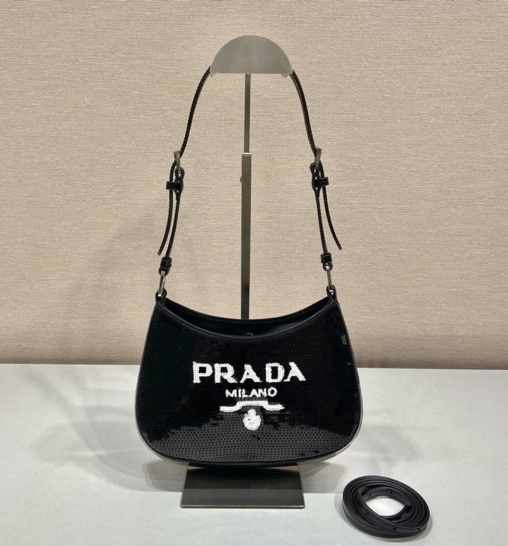 Prada Re-Edition 2000 Sequined Re-Nylon Mini-Bag Black For Women, Women's Bags 8.6in/22cm 1NE515_2D0Y_F0967
