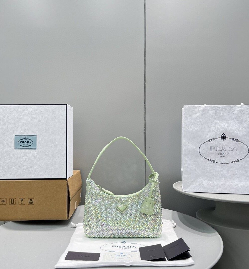 Prada Satin Mini-Bag With Crystals Silver/Gold For Women, Women's Bags 8.6in/22cm