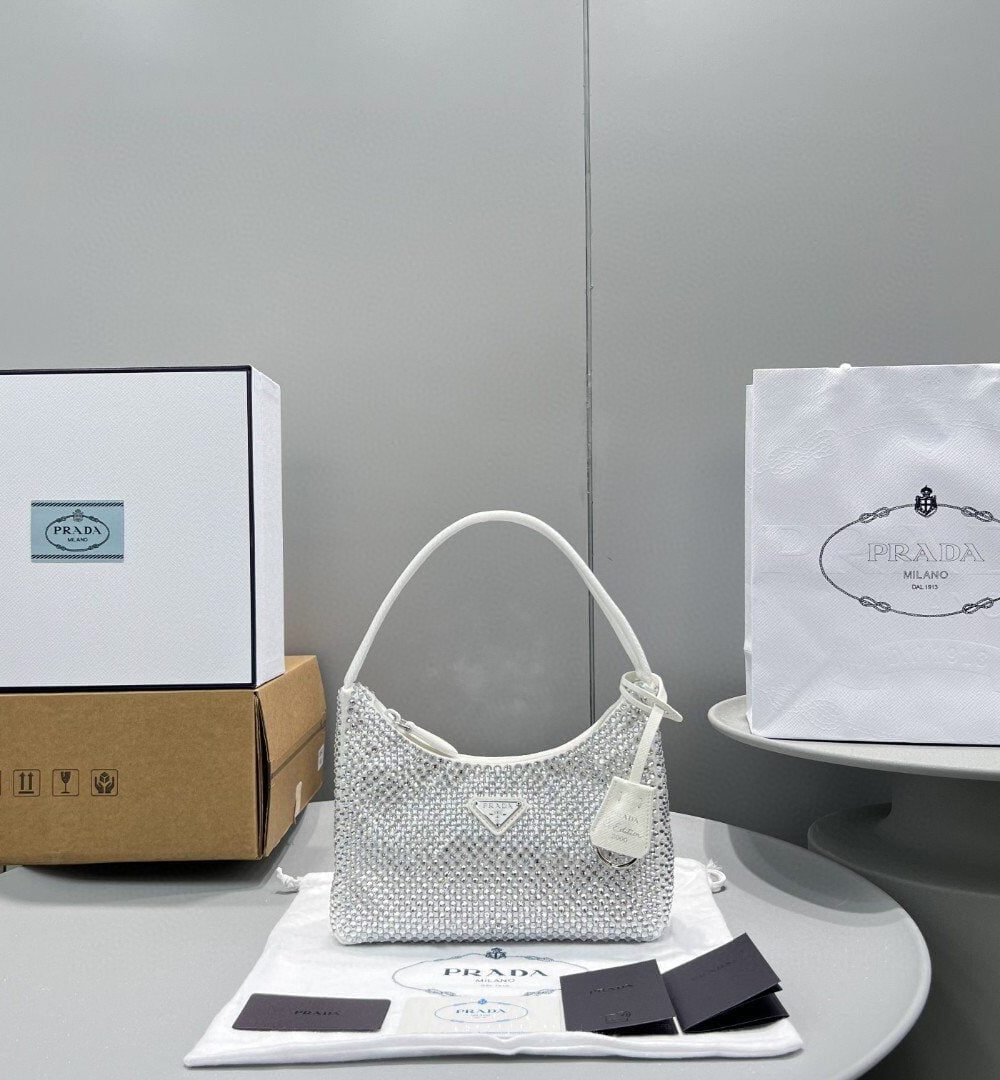 Prada Satin Mini-Bag With Crystals White For Women, Women's Bags 8.6in/22cm 1BC515_2AWL_F0009_V_OOO