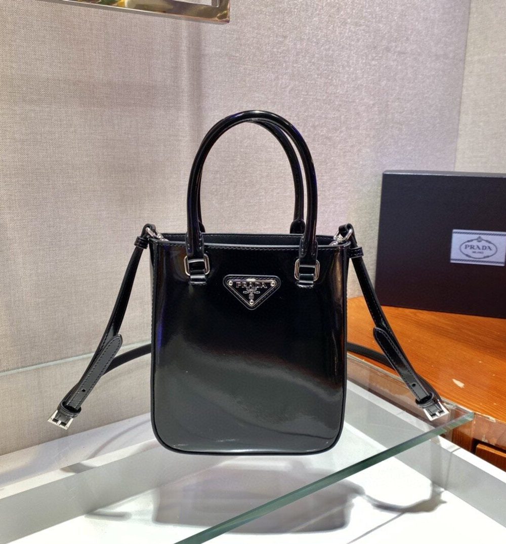 Prada Small Brushed Tote Black For Women, Women's Bags 6.9in/18cm 1BA331_ZO6_F0002_V_OOO